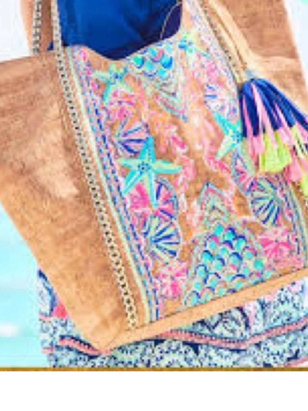 Lilly Pulitzer Printed Cork Tote with Chain and Tassel Detail